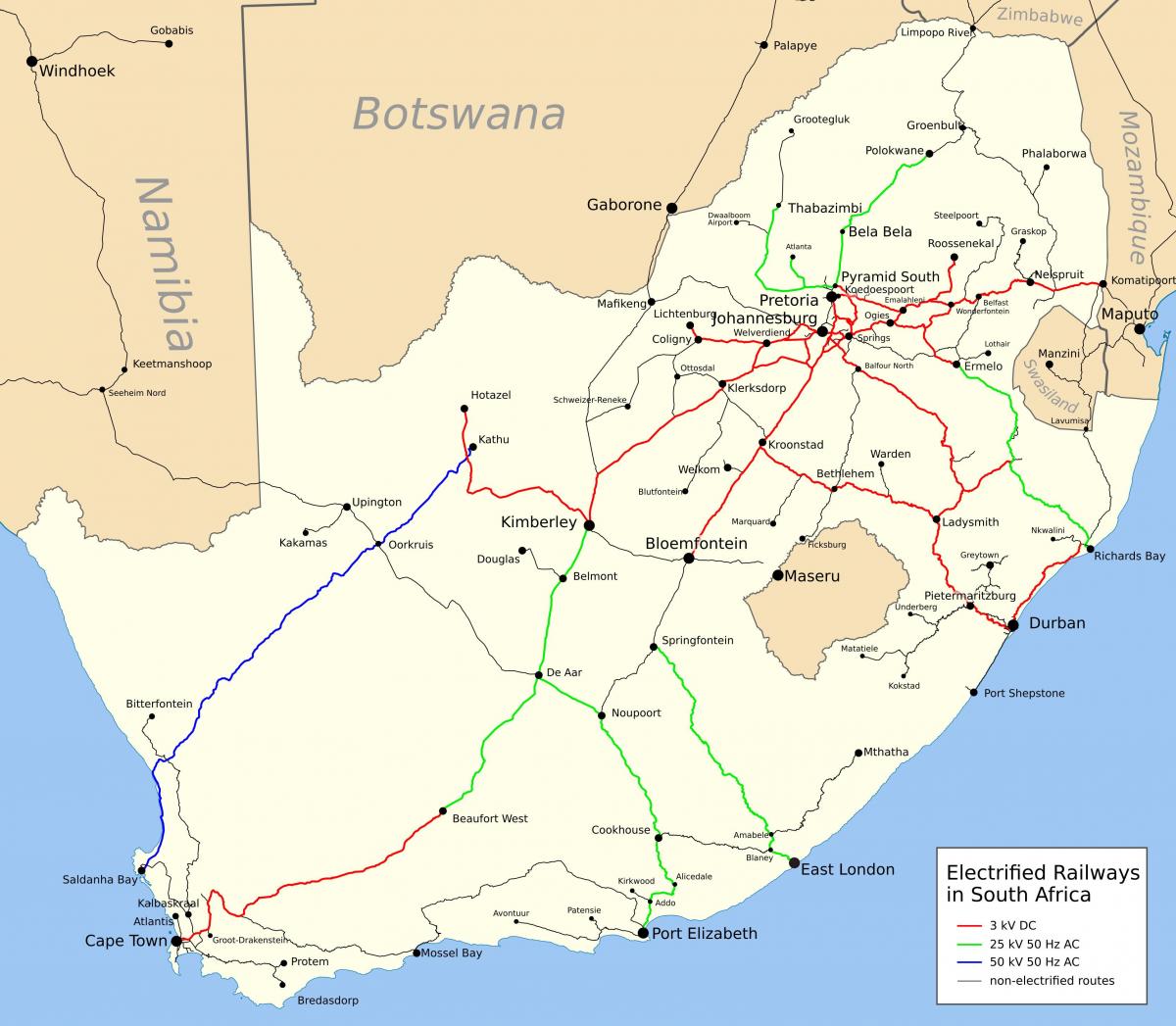 Carte des lignes ferroviaires de l'Afrique du Sud