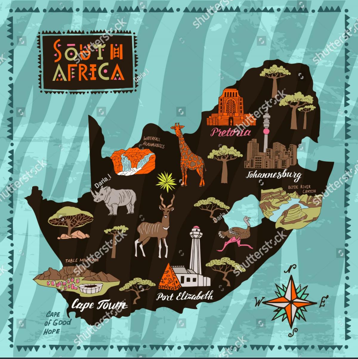 Carte des attractions touristiques en Afrique du Sud
