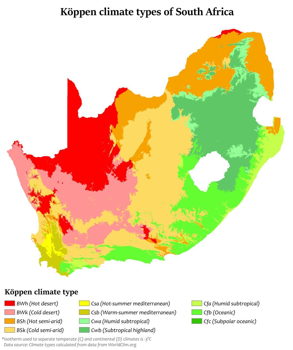 Carte des températures en Afrique du Sud